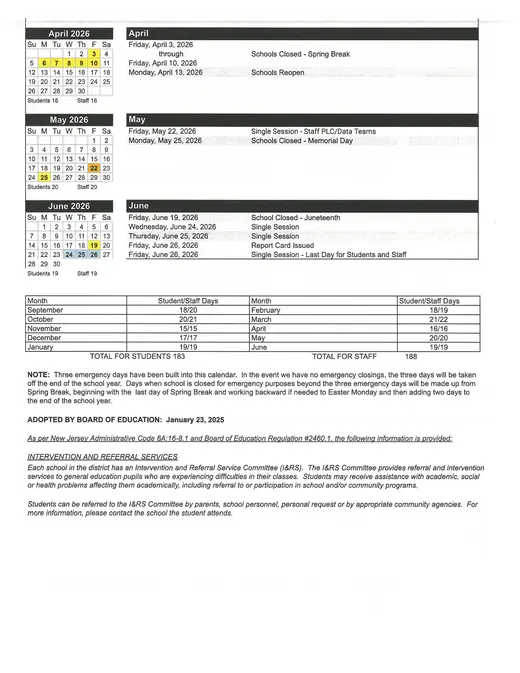 Tinton Falls School District 2025–2026 Academic Calendar Page 4