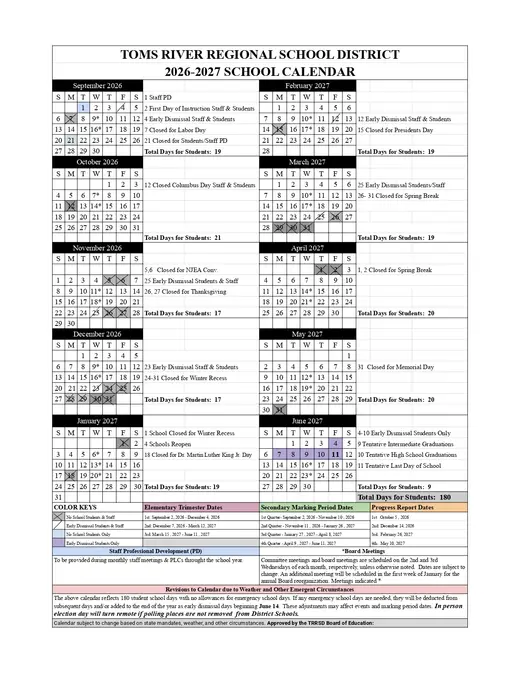 Toms River Regional School District 2026–2027 Academic Calendar