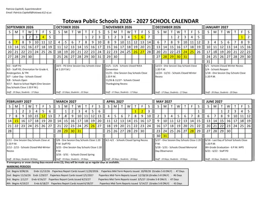 Totowa Public Schools 2026–2027 Academic Calendar