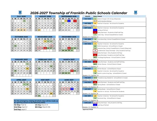 Township of Franklin Public Schools 2026–2027 Academic Calendar