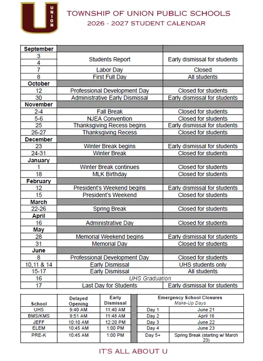 Township of Union Public Schools 2026–2027 Academic Calendar Page 1