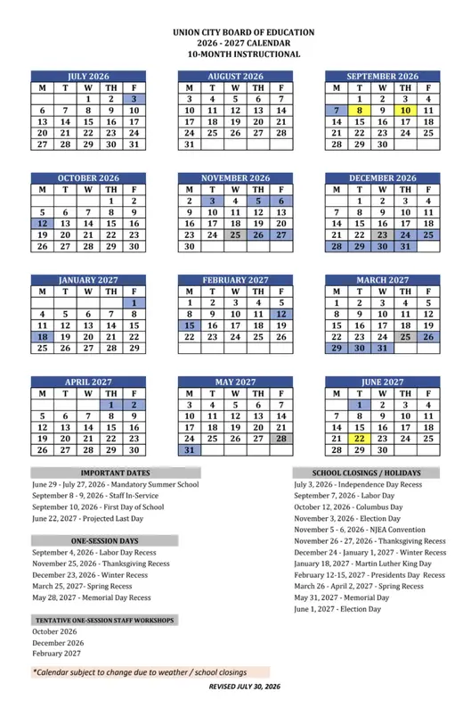 Union City Board of Education 2026–2027 Academic Calendar Page 1