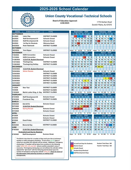 Union County Vocational-Technical Schools 2026–2027 Academic Calendar Page 1