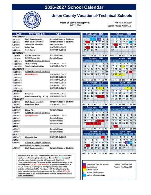 Union County Vocational-Technical Schools 2026–2027 Academic Calendar Page 2