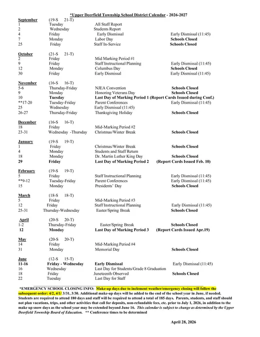 Upper Deerfield Township School District 2026–2027 Academic Calendar Page 1