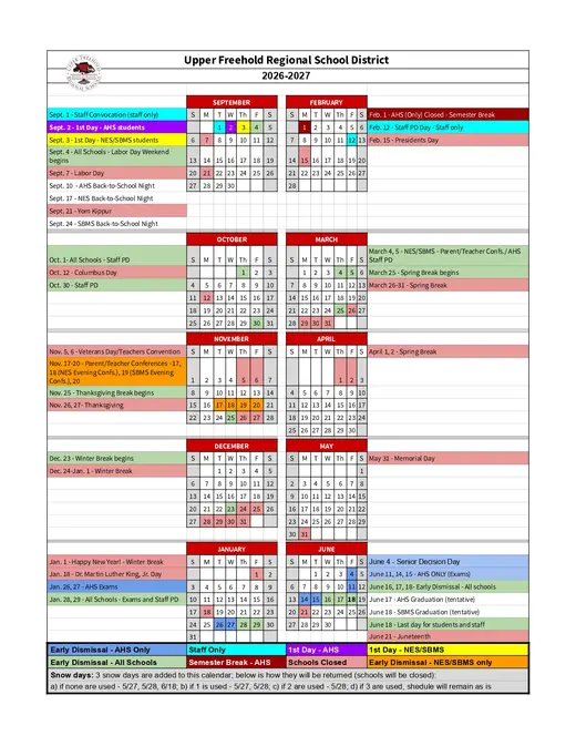 Upper Freehold Regional School District 2026–2027 Academic Calendar