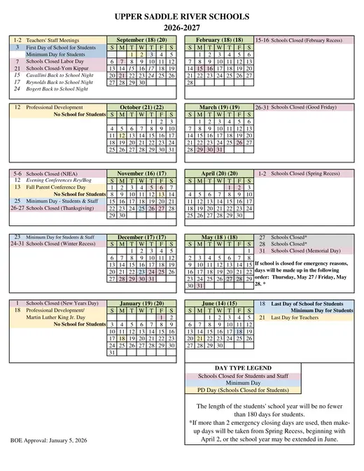 Upper Saddle River Schools 2026–2027 Academic Calendar Page 1