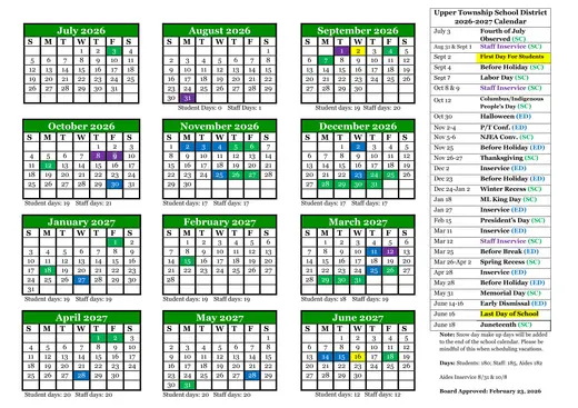 Upper Township School District 2026–2027 Academic Calendar Page 1