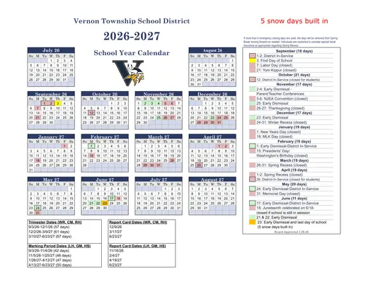 Vernon Township School District 2026–2027 Academic Calendar