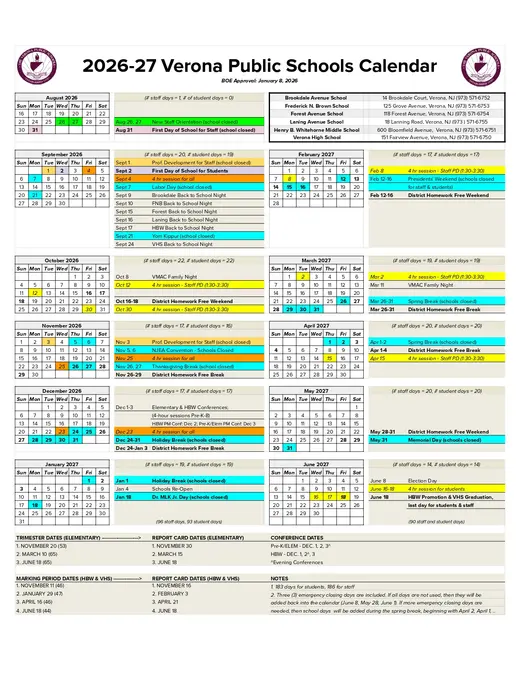 Verona Public Schools 2026–2027 Academic Calendar