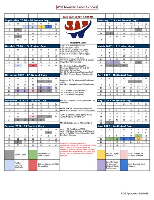 Wall High School 2026–2027 Academic Calendar Page 1