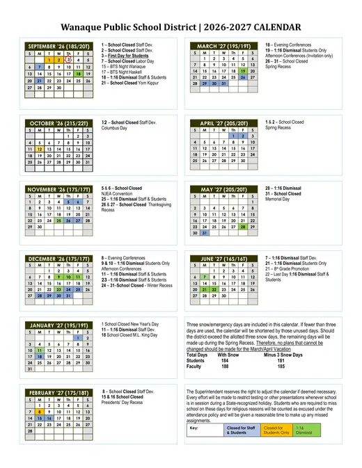 Wanaque Public School District 2026–2027 Academic Calendar