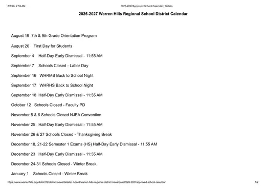 Warren Hills Regional School District 2026–2027 Academic Calendar Page 1