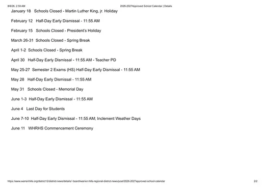 Warren Hills Regional School District 2026–2027 Academic Calendar Page 2