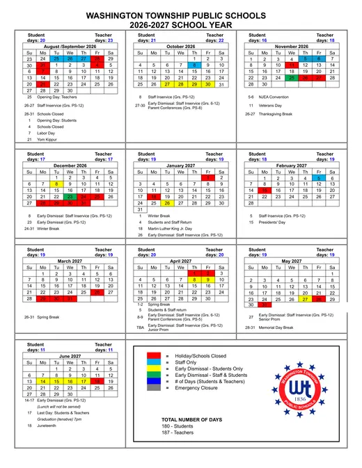 Washington Township Public Schools 2026–2027 Academic Calendar Page 1