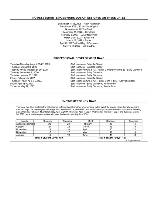 Washington Township Public Schools 2026–2027 Academic Calendar Page 2