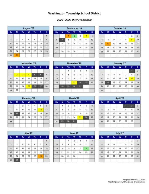 Washington Township School District 2026–2027 Academic Calendar Page 1