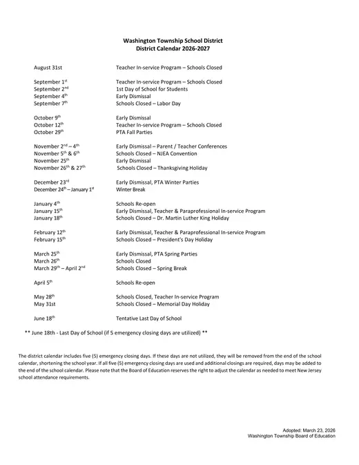 Washington Township School District 2026–2027 Academic Calendar Page 2