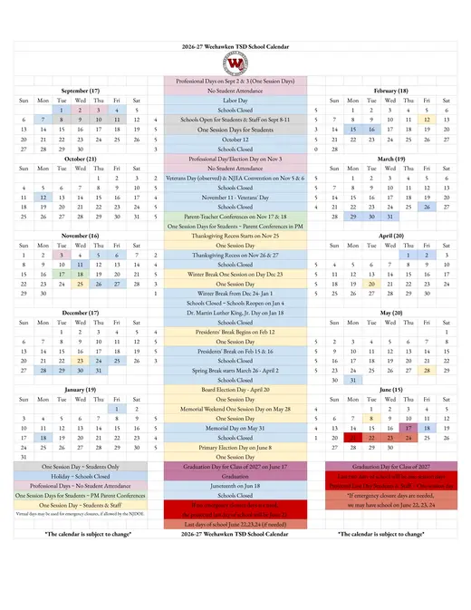 Weehawken TSD 2026–2027 Academic Calendar