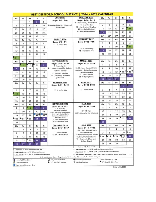 West Deptford Township Schools 2026–2027 Academic Calendar Page 1