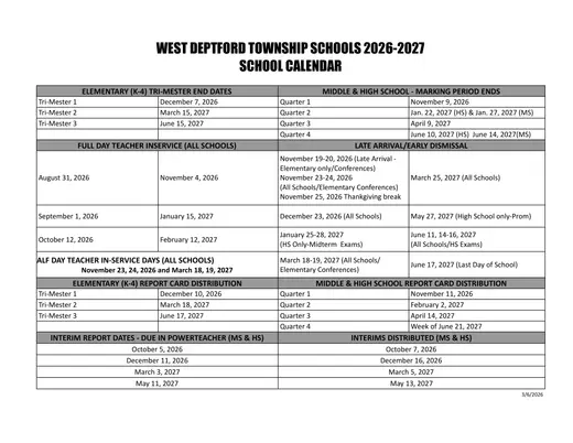 West Deptford Township Schools 2026–2027 Academic Calendar Page 2