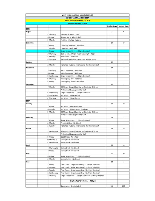 West Essex Regional School District 2026–2027 Academic Calendar