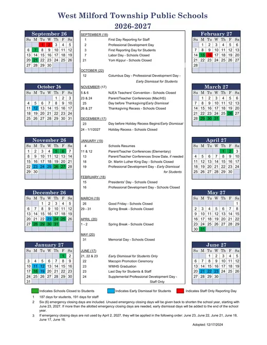 West Milford Township Public Schools 2026–2027 Academic Calendar