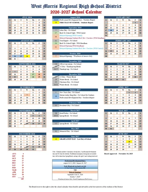 West Morris Regional High School District 2026–2027 Academic Calendar