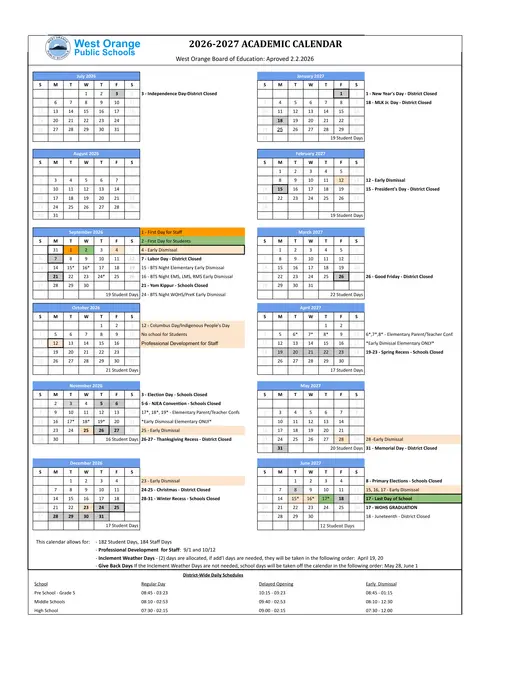 West Orange Public Schools 2026–2027 Academic Calendar