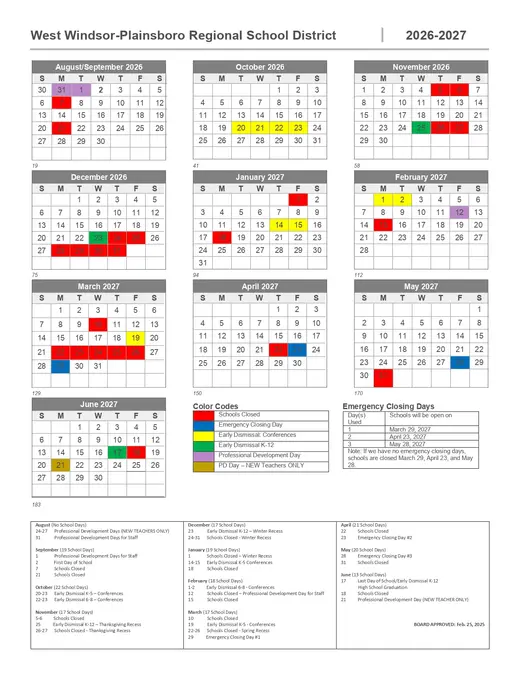 West Windsor-Plainsboro Regional School District 2026–2027 Academic Calendar