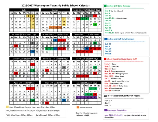 Westampton Township Public Schools 2026–2027 Academic Calendar