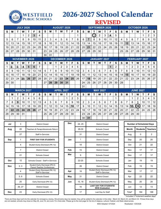 Westfield Public Schools 2026–2027 Academic Calendar