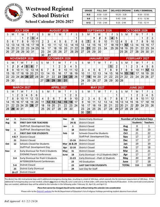 Westwood Regional School District 2026–2027 Academic Calendar