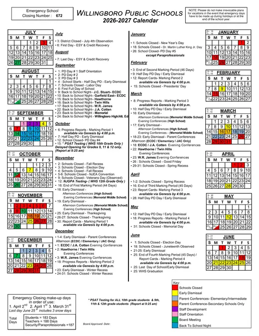Willingboro Public Schools 2026–2027 Academic Calendar