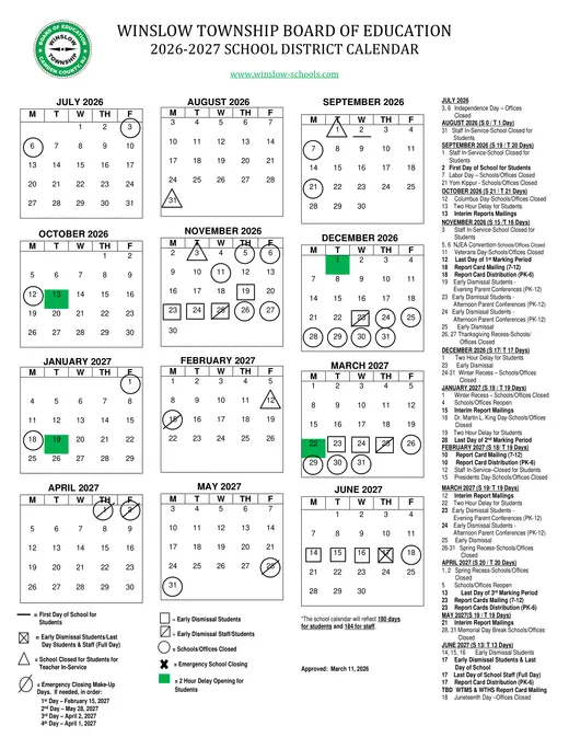 Winslow Township Board of Education 2026–2027 Academic Calendar