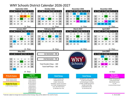 WNY Schools District 2026–2027 Academic Calendar
