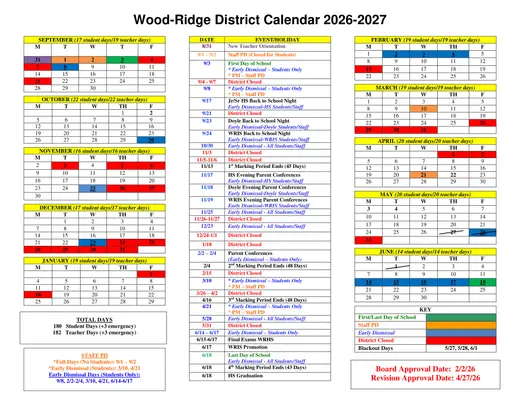 Wood-Ridge District 2026–2027 Academic Calendar