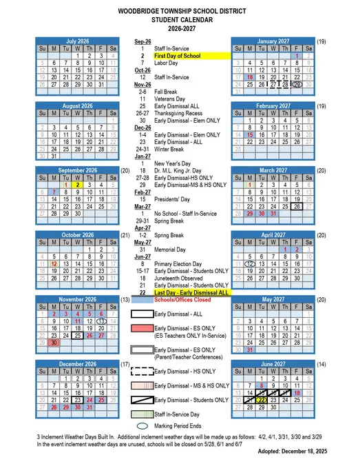Woodbridge Township School District 2026–2027 Academic Calendar