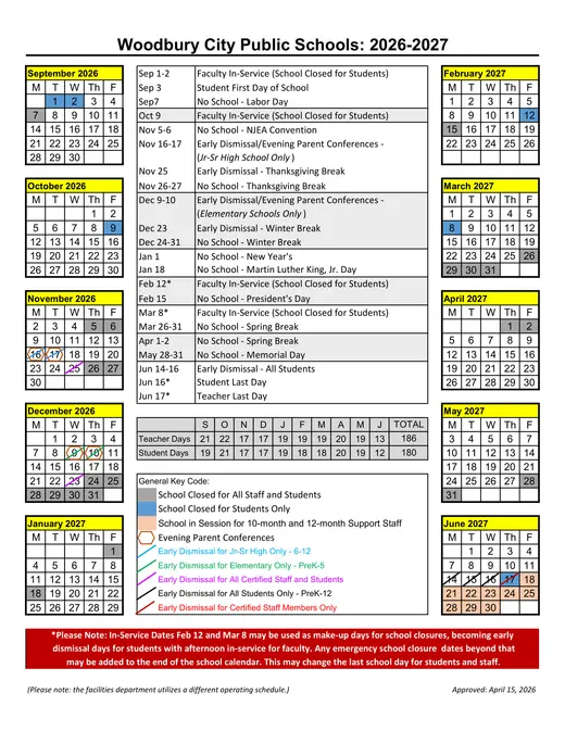 Woodbury City Public Schools 2026–2027 Academic Calendar Page 1