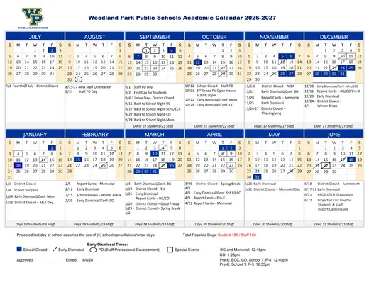Woodland Park Public Schools 2026–2027 Academic Calendar Page 1