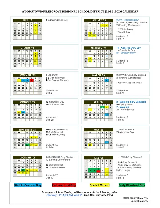 Woodstown-Pilesgrove Regional School District 2025–2026 Academic Calendar