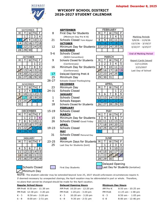 Wyckoff School District 2026–2027 Academic Calendar