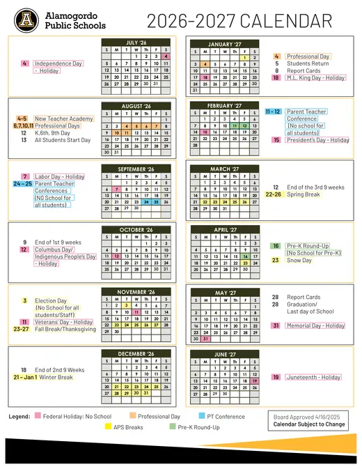Alamogordo Public Schools 2026–2027 Academic Calendar