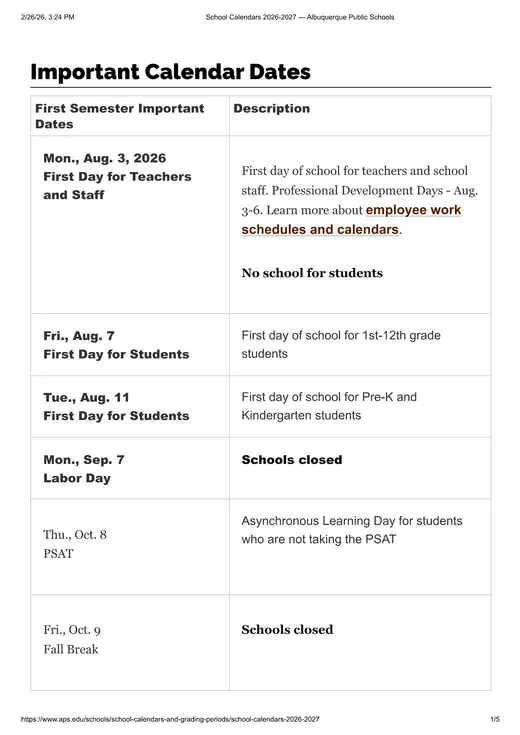 Albuquerque Public Schools 2026–2027 Academic Calendar Page 1