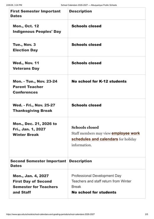 Albuquerque Public Schools 2026–2027 Academic Calendar Page 2
