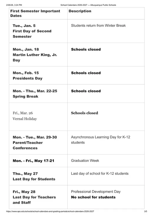 Albuquerque Public Schools 2026–2027 Academic Calendar Page 3