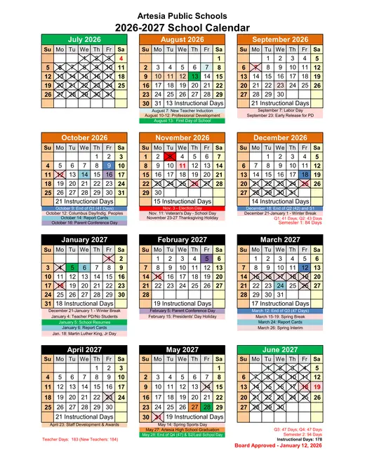 Artesia Public Schools 2026–2027 Academic Calendar