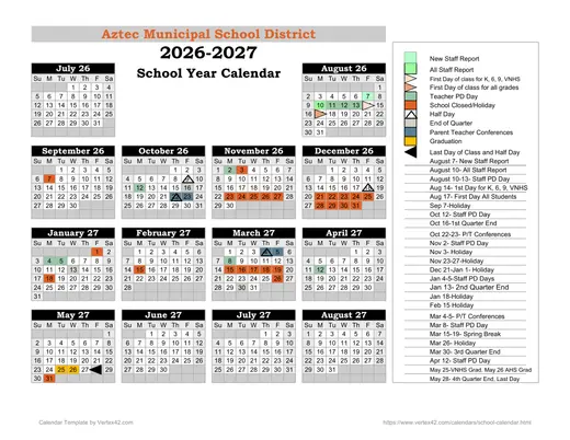 Aztec Municipal School District 2026–2027 Academic Calendar