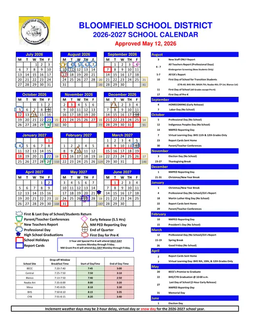 Bloomfield School District 2026–2027 Academic Calendar