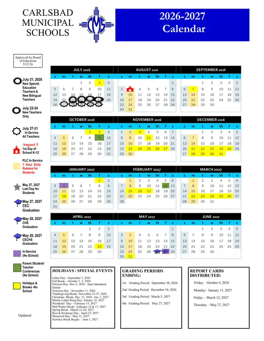 Carlsbad Municipal Schools 2026–2027 Academic Calendar